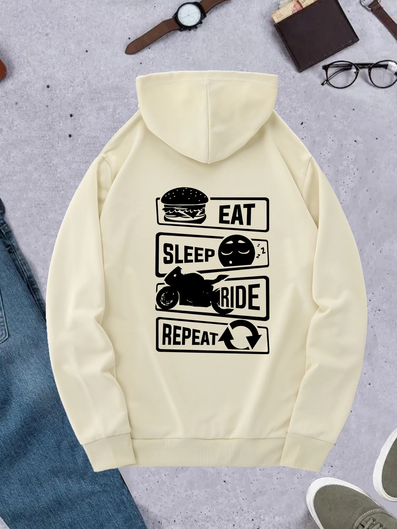 Korean Lifestyle Trends - เสื้อฮู้ดผู้ชายสไตล์เกาหลี ลายการ์ตูนมอเตอร์ไซค์ แนวชีวิต Eat Sleep Ride